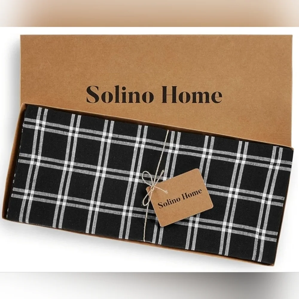 New Solino Black Plaid 100% Pure Linen 14 x 90 Table Runner